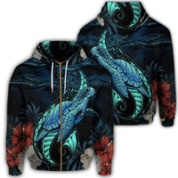 Hawaii Polynesian Honu Sea Hibiscus Zip Hoodie Unisex Art - Polynesian Pride