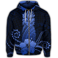 Hawaii Polynesian Zip Hoodie Pineapple Hibiscus Blue - Polynesian Pride