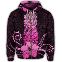 Hawaii Polynesian Zip Hoodie Pineapple Hibiscus Pink - Polynesian Pride