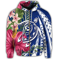 Hawaii Zip Hoodie Polynesian Turtle Tropical Hibiscus Plumeria Blue - Polynesian Pride