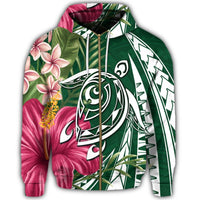 Hawaii Zip Hoodie Polynesian Turtle Tropical Hibiscus Plumeria Green - Polynesian Pride