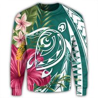 Hawaii Polynesian Turtle Tropical Hibiscus Plumeria Sweatshirt - Turquoise - AH - Polynesian Pride