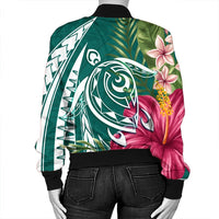 Hawaii Polynesian Turtle Tropical Hibiscus Plumeria Bomber Jacket - Turquoise - AH - Polynesian Pride