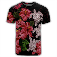 Hawaii Red Hibiscus Turtle T Shirt Ray Style - Polynesian Pride