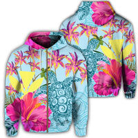 Hawaii Sea Turtle Hibiscus Kanaka Zip Hoodie Unisex Art - Polynesian Pride