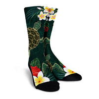 Hawaii Sea Turtle Hibiscus Plumria Crew Socks - AH - Polynesian Pride