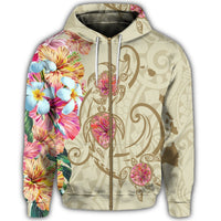 Hawaii Triple Marble Turtle Polynesian Hibiscus Zip Hoodie Benjamin Style Beige - Polynesian Pride