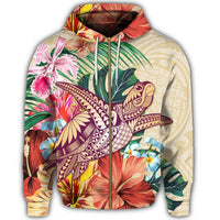 Hawaii Tropical Hibiscus Turtle Beige Zip Hoodie - Polynesian Pride