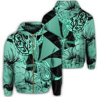 Hawaii Turtle Zip Hoodie Polynesian Hibiscus Art Ver 2.0 Turquoise Unisex Art - Polynesian Pride