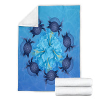 Hawaii Turtle Hibiscus Blue Premium Blankets - AH - Polynesian Pride