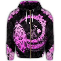 Hawaii Turtle Hibiscus Map Polynesian Zip Hoodie Pink - Polynesian Pride