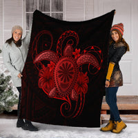 Hawaii Turtle Hibiscus Polynesian Premium Blankets - Full Style - Red - AH - Polynesian Pride