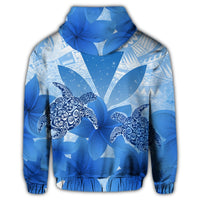 Hawaii Turtle Kanaka Plumeria Polynesian Zip Hoodie Blue - Polynesian Pride