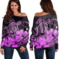 Hawaii Turtle Map Polynesian Women's Off Shoulder Sweater Safety Pink - AH Black - Polynesian Pride
