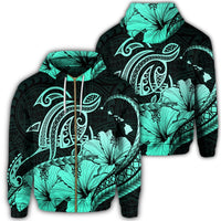 Hawaii Turtle Map Polynesian Zip Hoodie Safety Turquoise Unisex Art - Polynesian Pride