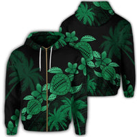 Hawaii Turtle Plumeria Coconut Tree Polynesian Zip Hoodie Green Unisex Art - Polynesian Pride