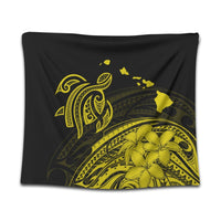 Hawaii Turtle Polynesian Map Plumeria Yellow Tapestry - AH Wall Tapestry Black - Polynesian Pride