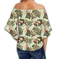 Hawaii Vintage Tropical Jungle Leaves Orchid Bird Women's Off Shoulder Wrap Waist Top - AH - Polynesian Pride