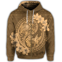 Hawaii Yin Yang Turtle Shark Hibiscus Plumeria Zip Hoodie Gold - Polynesian Pride