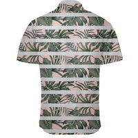 Hawaiian Shirt - Tropical Dark Green Leaves Seamless Pattern White Stripes Pink Background Shirt - Polynesian Pride