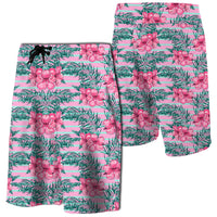 Hawaii Tropical Flowers Palm Leaves Hibiscus Strip Board Shorts Men Pink - Polynesian Pride