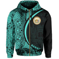 Hawaii Polynesian Zipper Hoodie Turquoise Round Style - Polynesian Pride