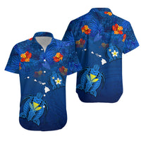 Hawaiian Islands Hawaiian Shirt - Hawaii Tropical Flowers and Turtles Blue LT13 Unisex Blue - Polynesian Pride