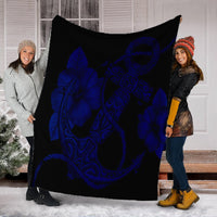 Hawaiian Anchor Poly Tribal Hibiscus Polynesian Premium Blankets Blue - AH - Polynesian Pride