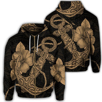 Hawaiian Anchor Poly Tribal Hibiscus Polynesian Zip Hoodie Gold Unisex Art - Polynesian Pride
