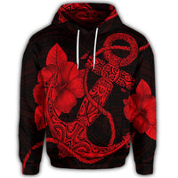 Hawaiian Anchor Poly Tribal Hibiscus Polynesian Hoodie Red - Polynesian Pride