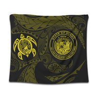 Hawaiian Coat Of Arms Turtle Polynesian Tapestry Yellow AH Wall Tapestry Black - Polynesian Pride
