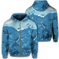 Hawaiian Dolphins Polynesian Zip Hoodie Unisex Art - Polynesian Pride