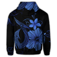 Hawaiian Fish Hook Hibiscus Plumeria Polynesian Zip Hoodie Blue - Polynesian Pride