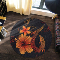 Hawaiian Fish Hook Hibiscus Plumeria Polynesian Round Carpet - Orange - AH - Polynesian Pride