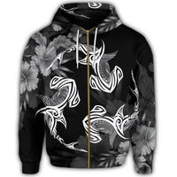 Hawaiian Hammerhead Shark Hibiscus White Polynesian Zip Hoodie - Polynesian Pride