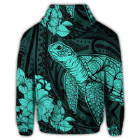 Hawaiian Hibiscus Memory Turtle Polynesian Zip Hoodie Turquoise - Polynesian Pride
