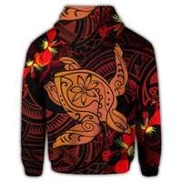 Hawaiian Hibiscus Plumeria Red Big Turtle Polynesian Hoodie - Polynesian Pride
