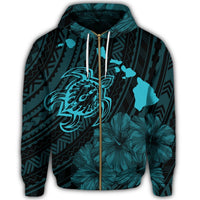 Hawaiian Hibiscus Sea Turtle Swim Polynesian Zip Hoodie Blue - Polynesian Pride