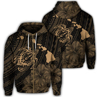 Hawaiian Hibiscus Sea Turtle Swim Polynesian Zip Hoodie Gold Unisex Art - Polynesian Pride