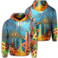 Hawaiian Hula Girl Sing In Aboriginal Village Aat Night Zip Hoodie Unisex Art - Polynesian Pride