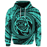 Custom Hawaiian Kanaka Honu Hibiscus Tornando Polynesian Turquoise Hoodie - Polynesian Pride