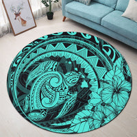 Hawaiian Kanaka Honu Map Hibiscus Globular Polynesian Turquoise Round Carpet - AH - Polynesian Pride