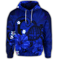 Hawaiian Map Big Turtle Hibiscus Plumeria Tribal Polynesian Hoodie Blue - Polynesian Pride