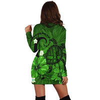 Hawaiian Map Big Turtle Hibiscus Plumeria Tribal Polynesian Hoodie Dress - Green - AH - Polynesian Pride