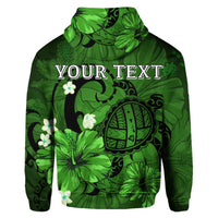 Custom Hawaiian Map Big Turtle Hibiscus Plumeria Tribal Polynesian Hoodie Green - Polynesian Pride