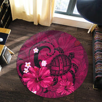 Hawaiian Map Big Turtle Hibiscus Plumeria Tribal Polynesian Round Carpet - Pink - AH - Polynesian Pride