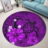 Hawaiian Map Big Turtle Hibiscus Plumeria Tribal Polynesian Round Carpet - Purple - AH - Polynesian Pride