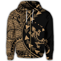 Hawaiian Map Gecko Tattoo Kakau Polynesian Zip Hoodie Gold - Polynesian Pride