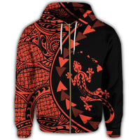 Hawaiian Map Gecko Tattoo Kakau Polynesian Zip Hoodie Orange - Polynesian Pride