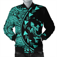 Hawaiian Map Gecko Tattoo Kakau Polynesian Bomber Jacket Turquoise AH Black Unisex - Polynesian Pride